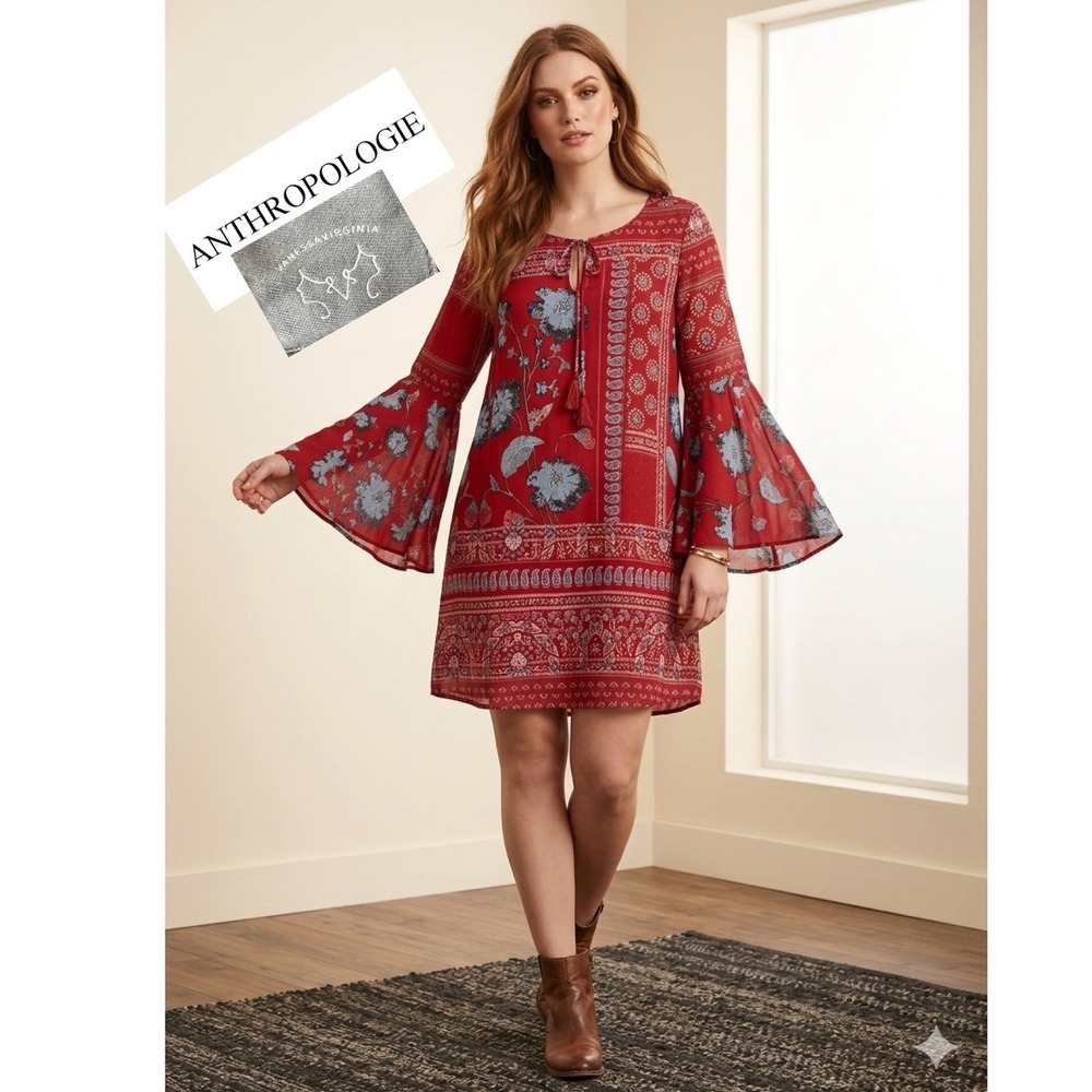 Anthropologie Vanessa Virginia Red Silk Floral Paisley Bell Sleeve Dress Size 8